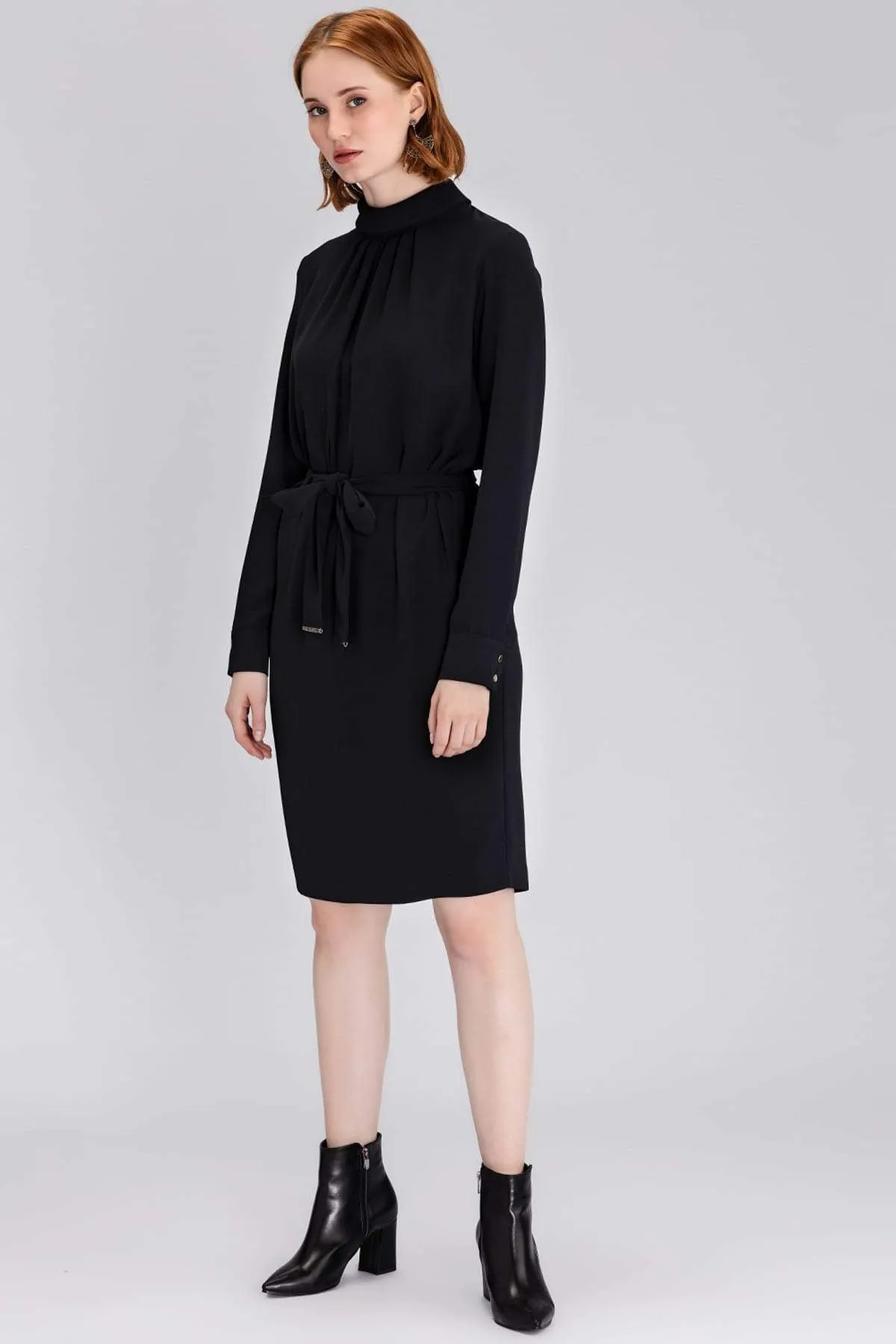 12983 Black Turtleneck Tie Waist Shift Dress