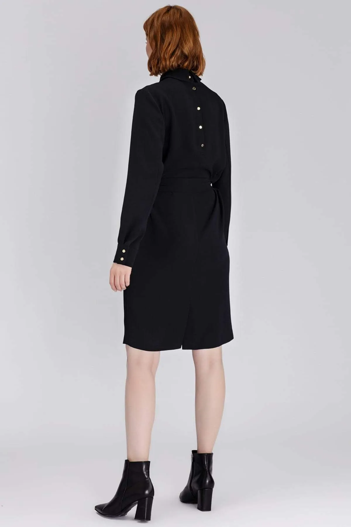 12983 Black Turtleneck Tie Waist Shift Dress