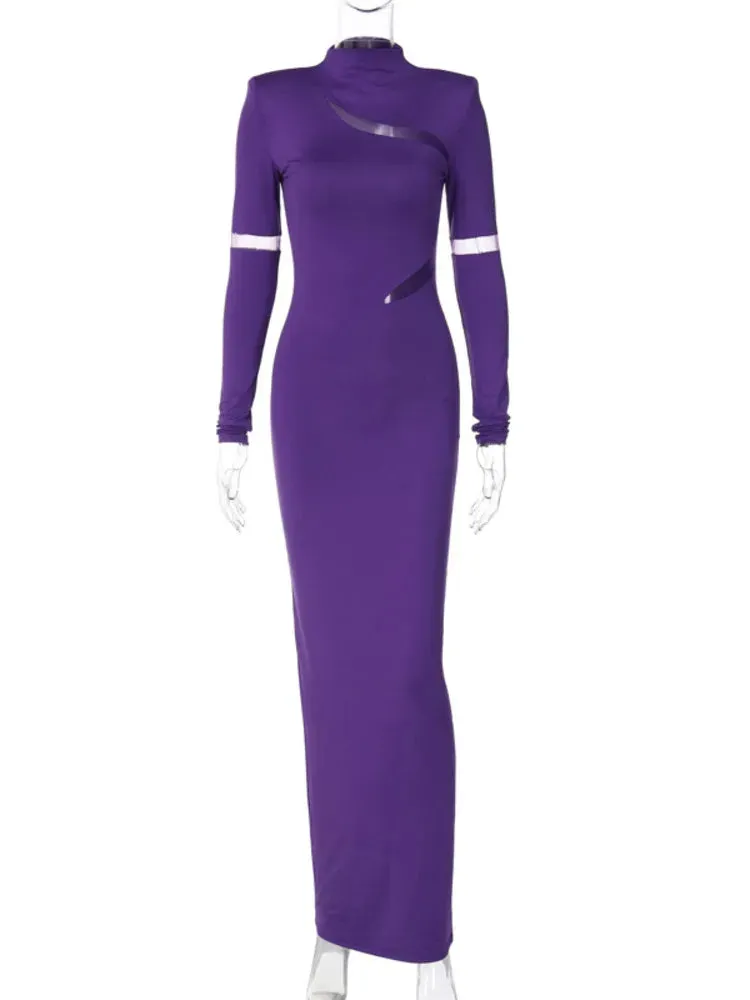 Amozae Elegant Turtleneck Long Sleeve Sexy Maxi Dress For Women Purple Mesh Hollow Out Patchwork Bodycon Club Party Long Dress