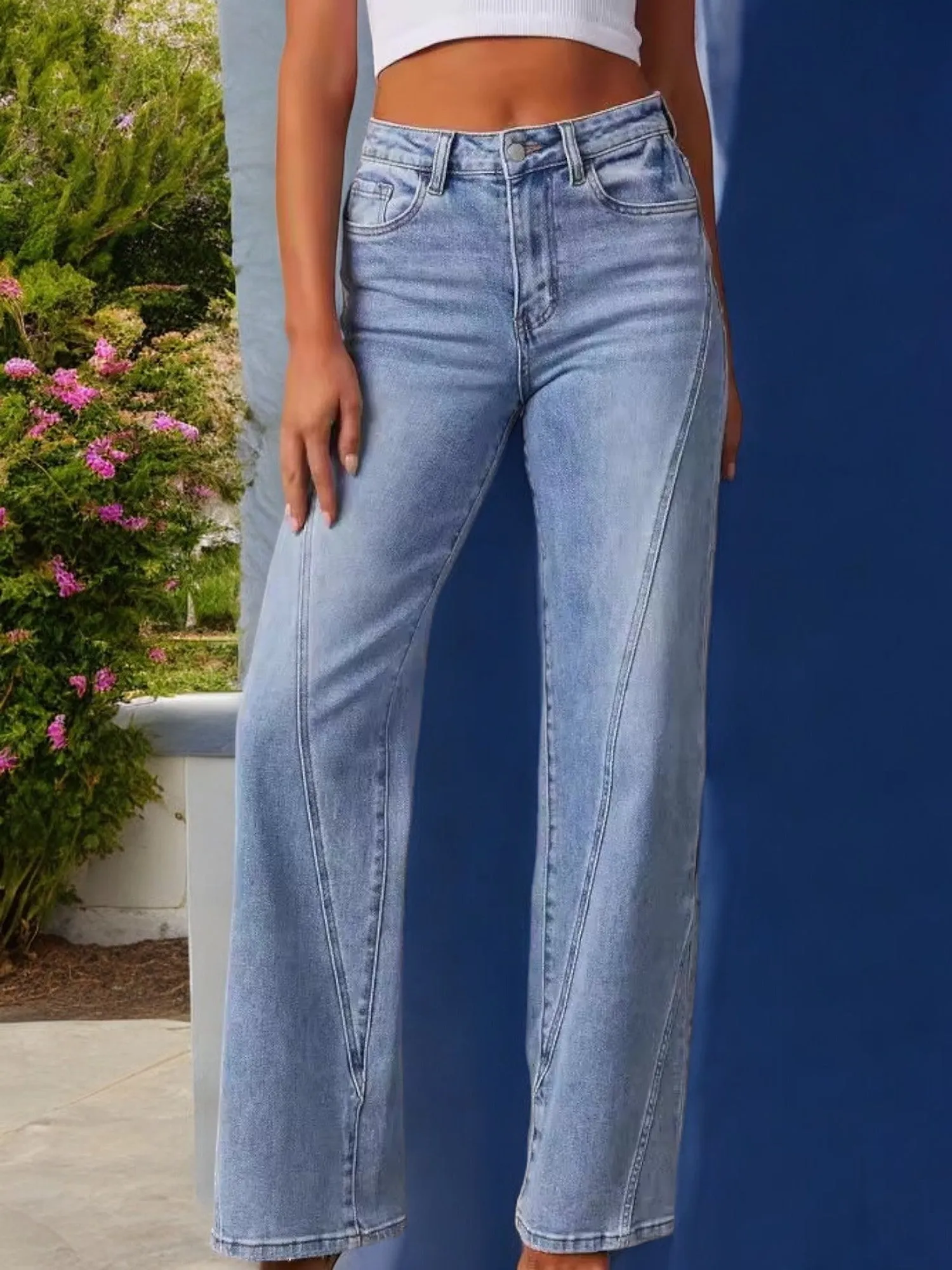 Anna-Kaci Women's High Waist Wide Leg Jeans with Seaming Detail