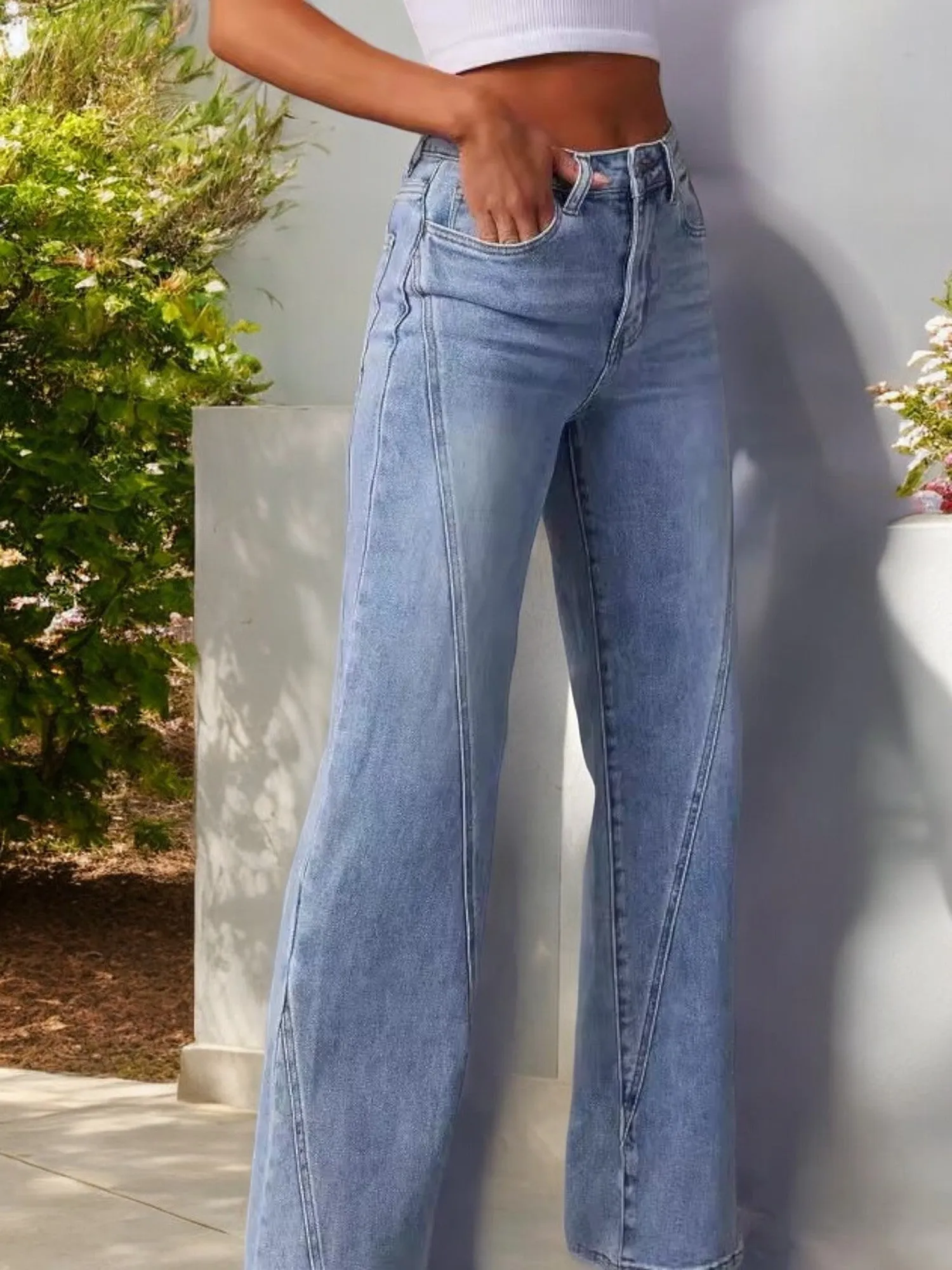 Anna-Kaci Women's High Waist Wide Leg Jeans with Seaming Detail