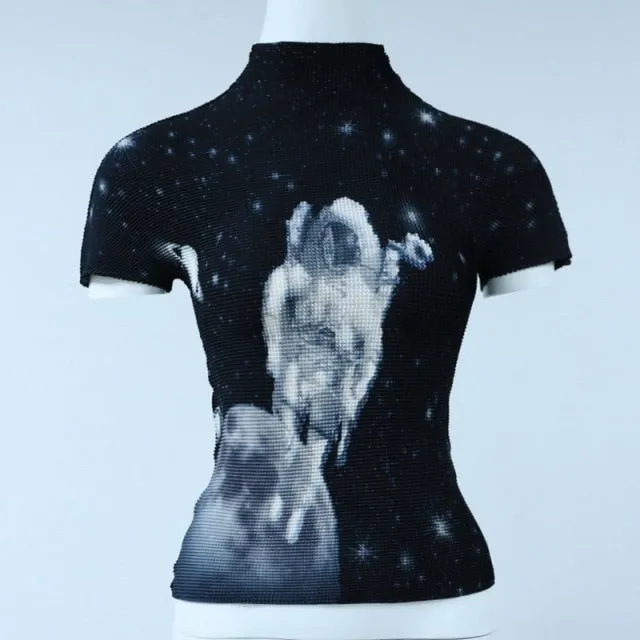 Ashore Ripple Stretch Fabric Short Sleeve Engineering Printing Flower T's Pullover Tops Loose 2022 Summer