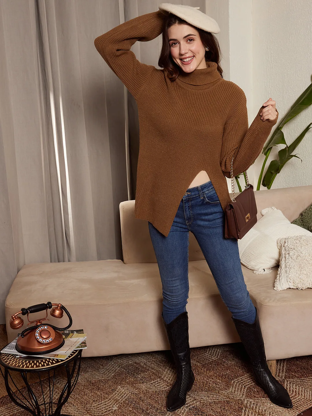 Berrylush Women Solid Brown Turtle Neck Drop-Shoulder Sleeves Straight Hem Slitted Regular Sweater