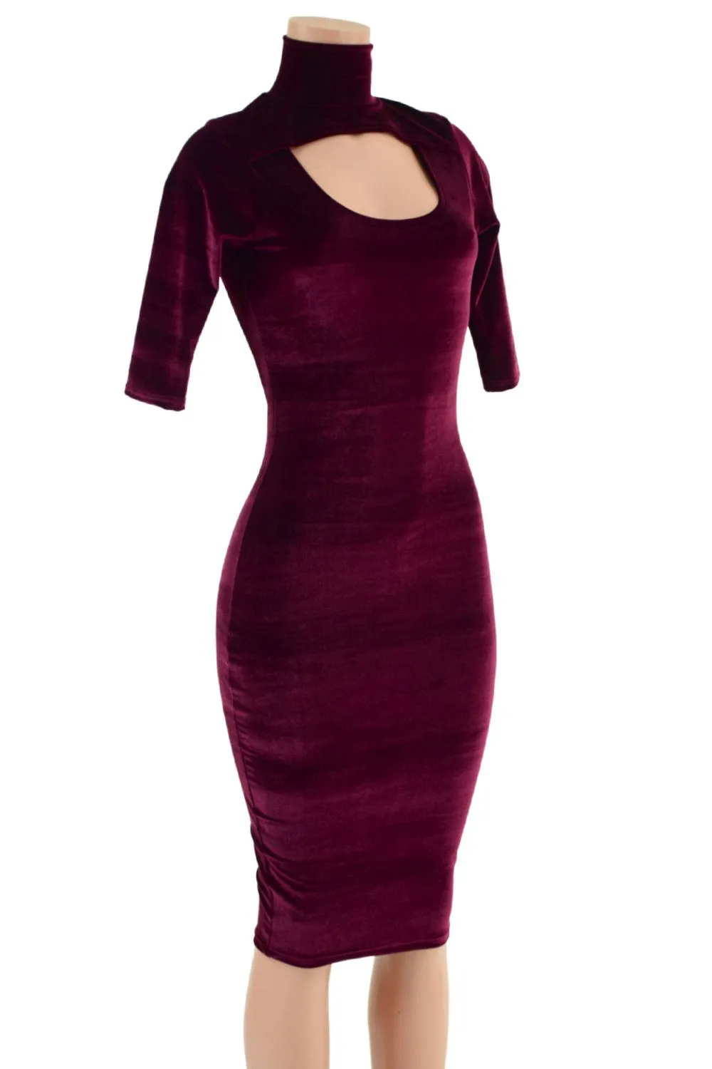 Burgundy Velvet Backless Dress with Window Neckline