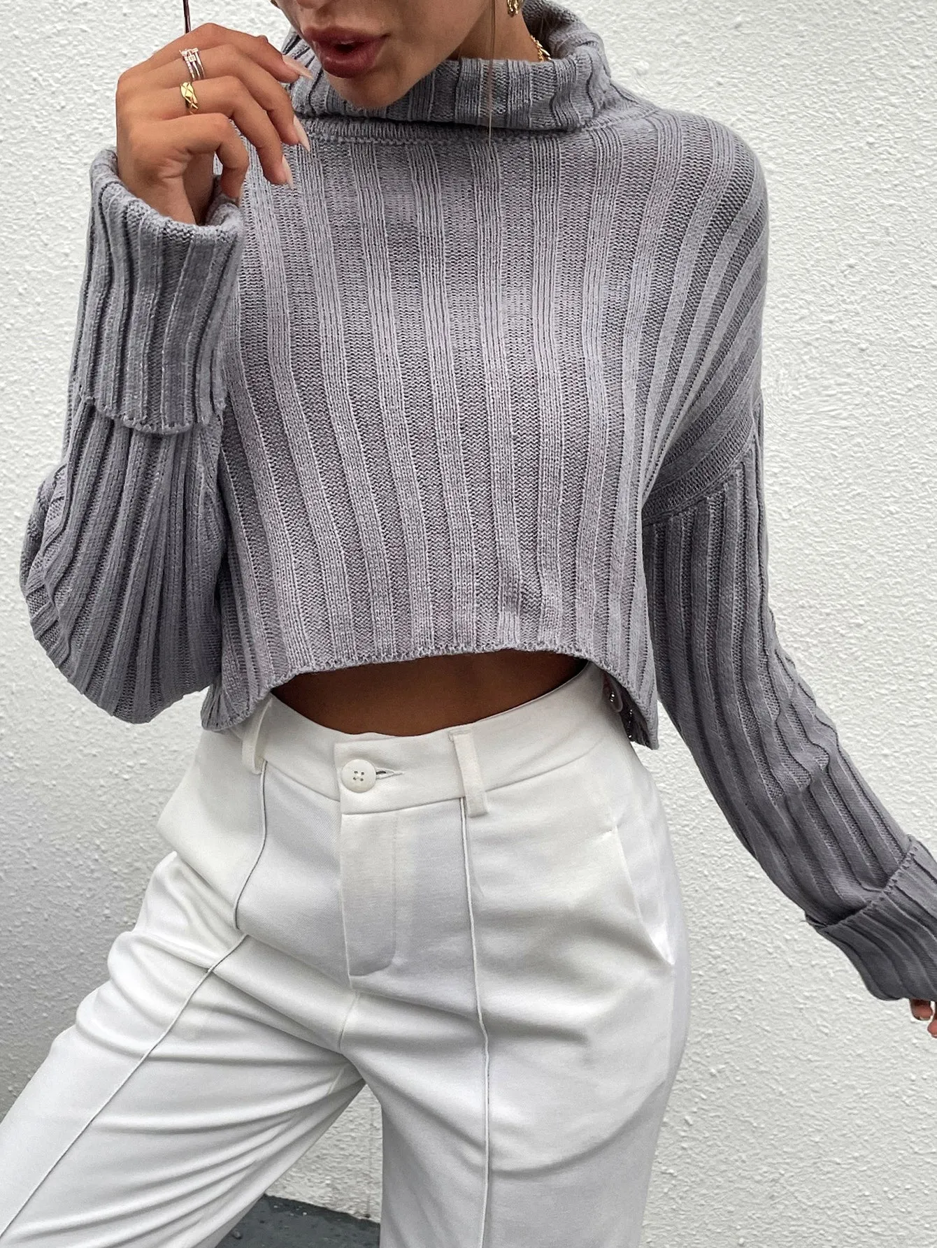 Casual Plain Long Sleeve Funnel Neck Crop Women Sweater