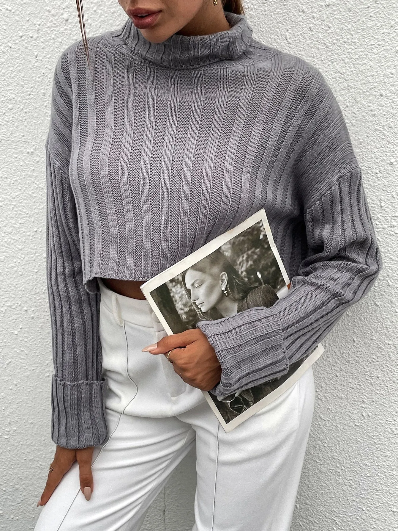 Casual Plain Long Sleeve Funnel Neck Crop Women Sweater