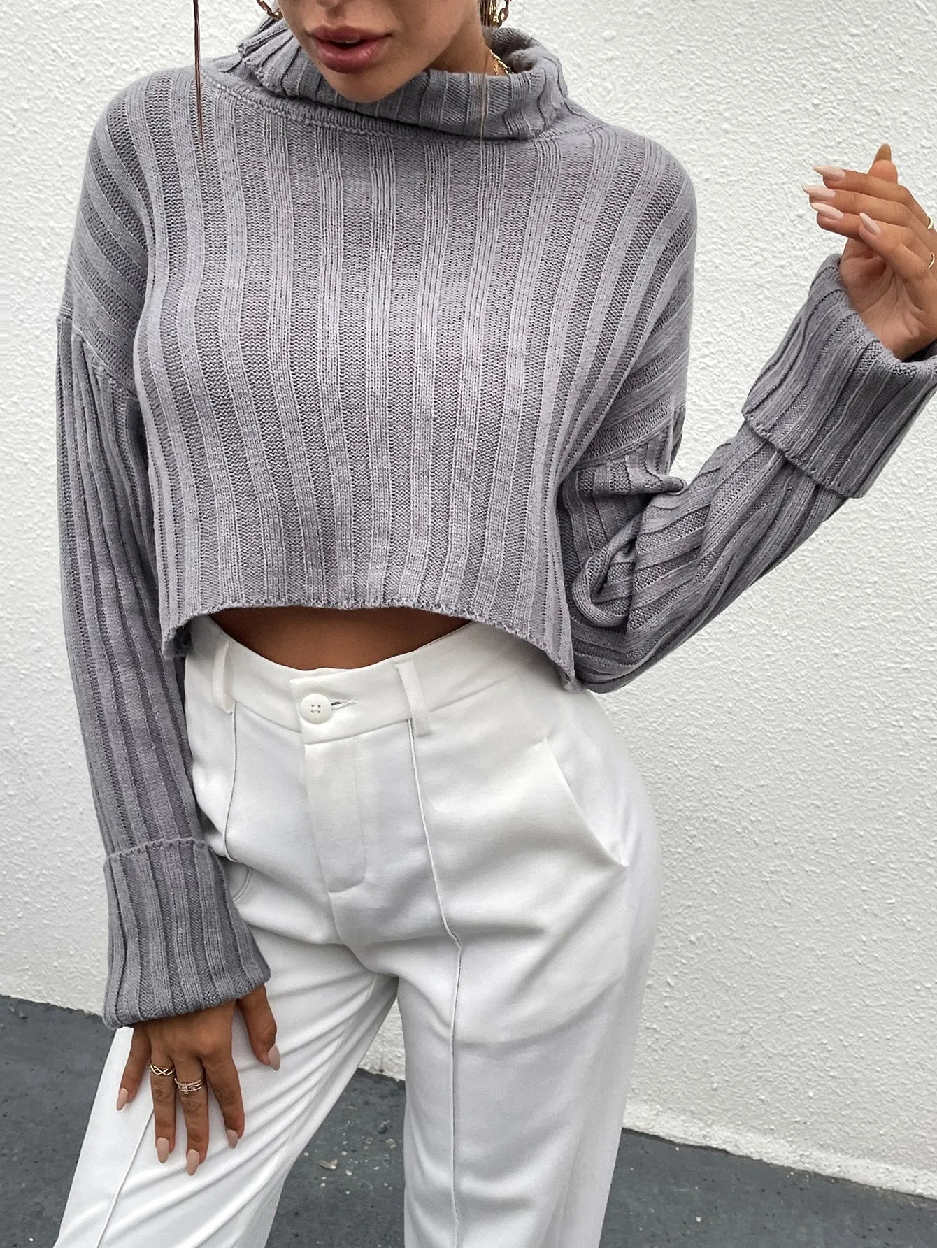 Casual Plain Long Sleeve Funnel Neck Crop Women Sweater