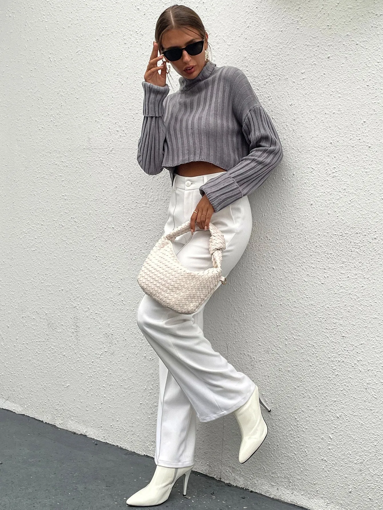 Casual Plain Long Sleeve Funnel Neck Crop Women Sweater