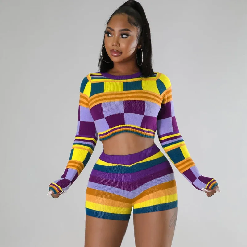 Colorful Knit Sweater Crop Top Short Set