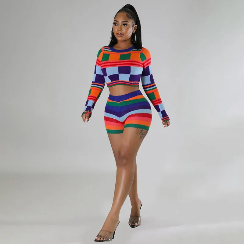 Colorful Knit Sweater Crop Top Short Set