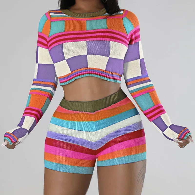 Colorful Knit Sweater Crop Top Short Set