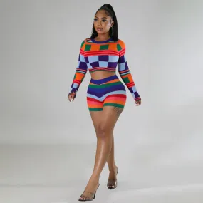 Colorful Knit Sweater Crop Top Short Set