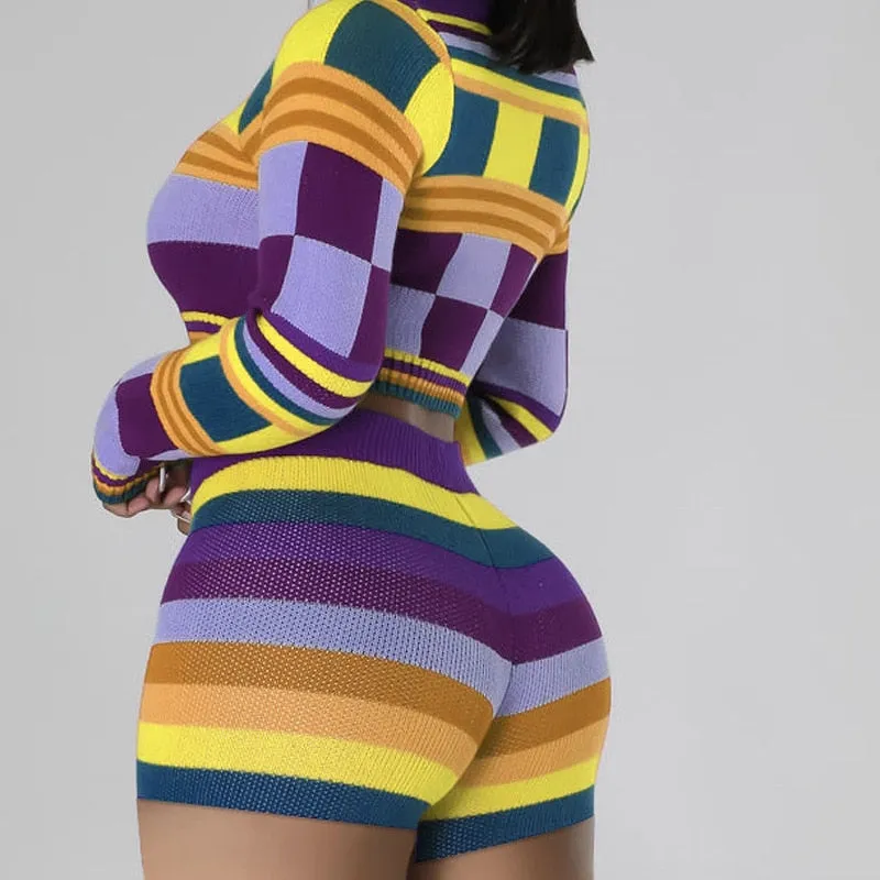 Colorful Knit Sweater Crop Top Short Set