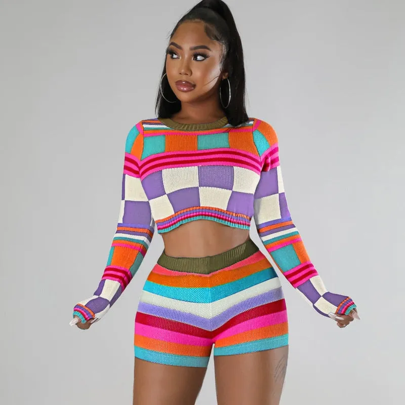 Colorful Knit Sweater Crop Top Short Set