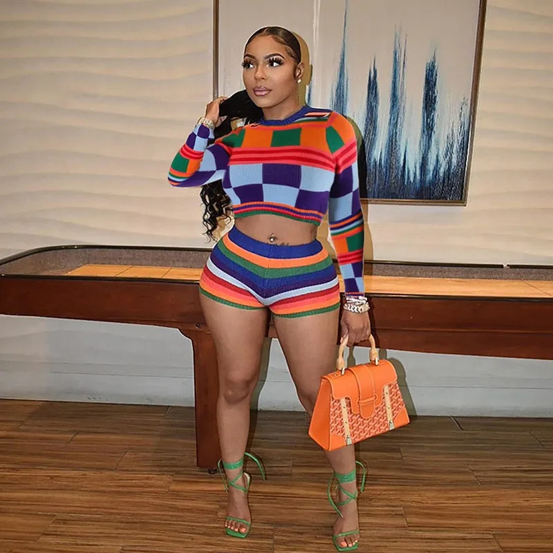 Colorful Knit Sweater Crop Top Short Set