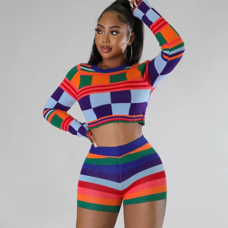 Colorful Knit Sweater Crop Top Short Set