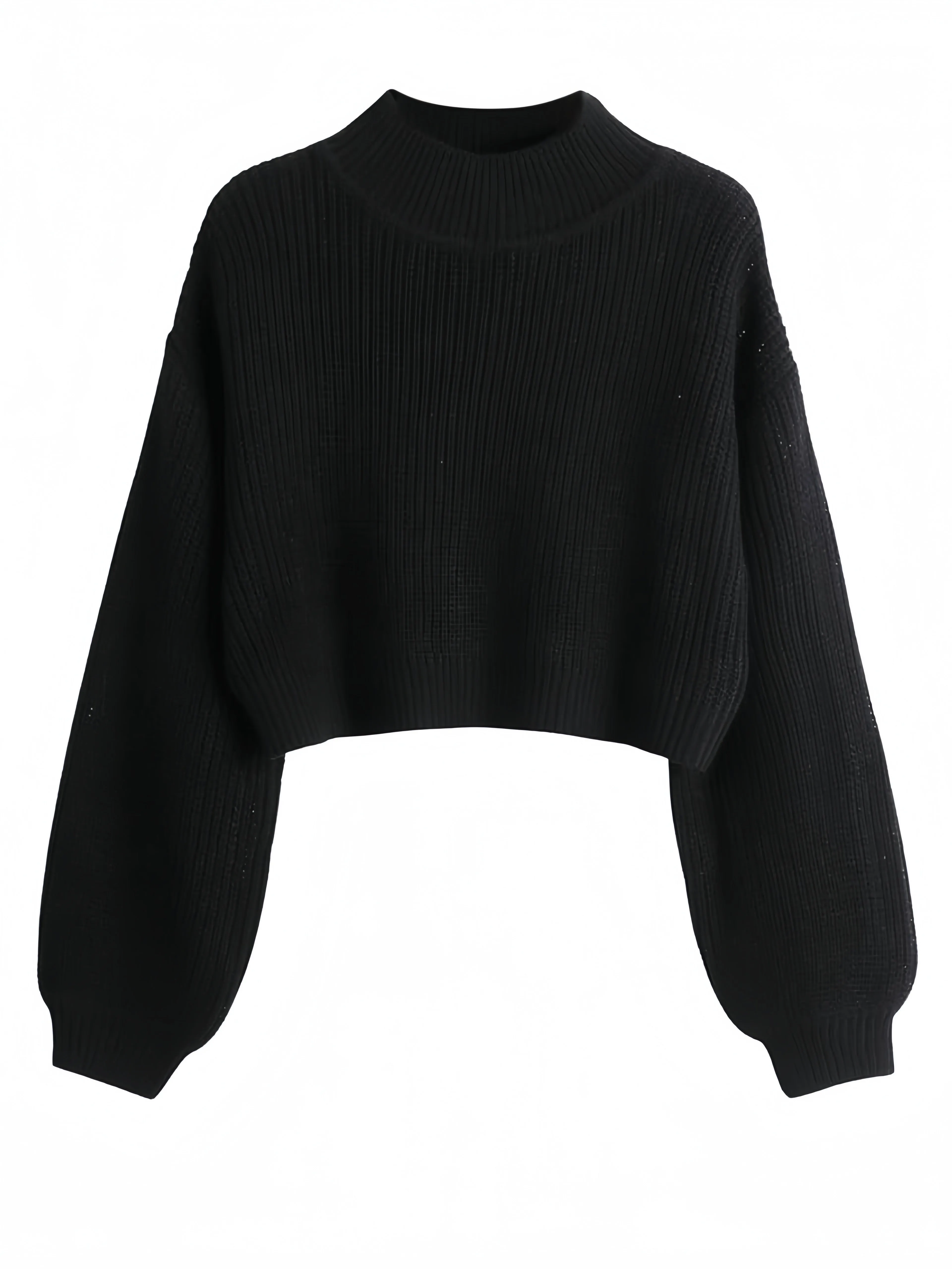 Cozy High Neck Solid Crew Neck Pullover Sweater - Soft Micro Elastic Acrylic Knit Fabric, Casual Long Sleeve Drop Shoulder Crop Design, Machine Washable, Perfect for Fall and Winter - Womens Clothing