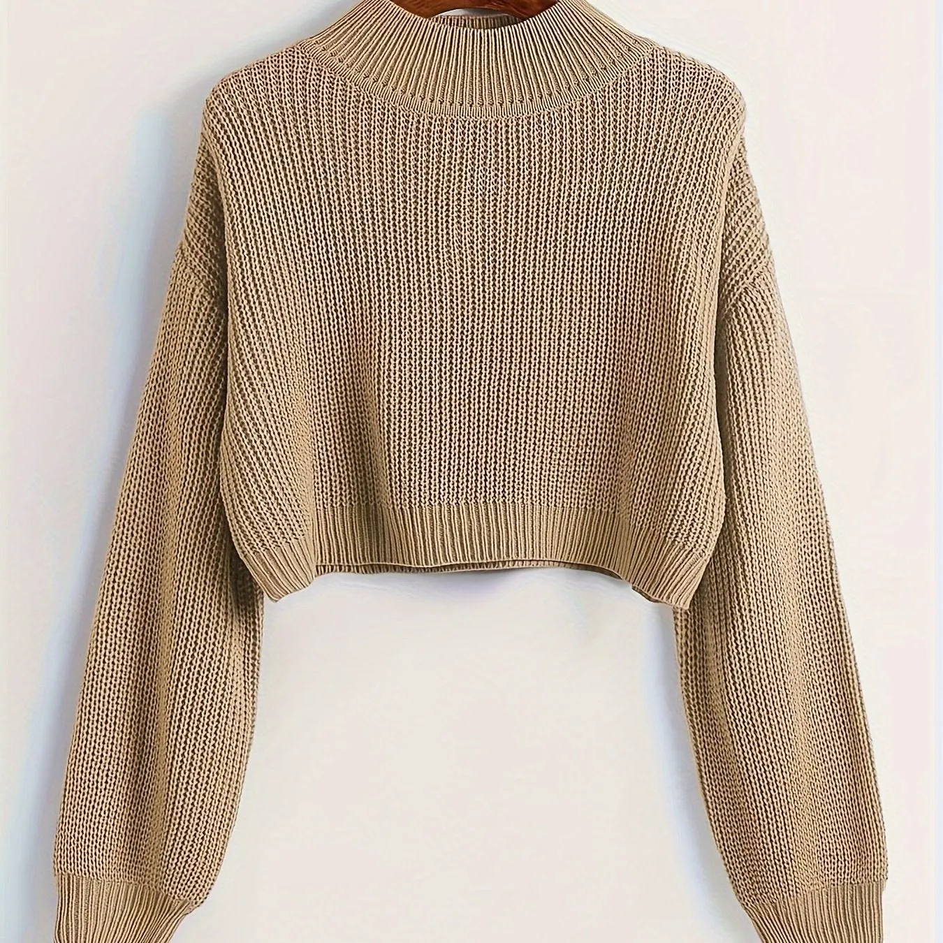 Cozy High Neck Solid Crew Neck Pullover Sweater - Soft Micro Elastic Acrylic Knit Fabric, Casual Long Sleeve Drop Shoulder Crop Design, Machine Washable, Perfect for Fall and Winter - Womens Clothing