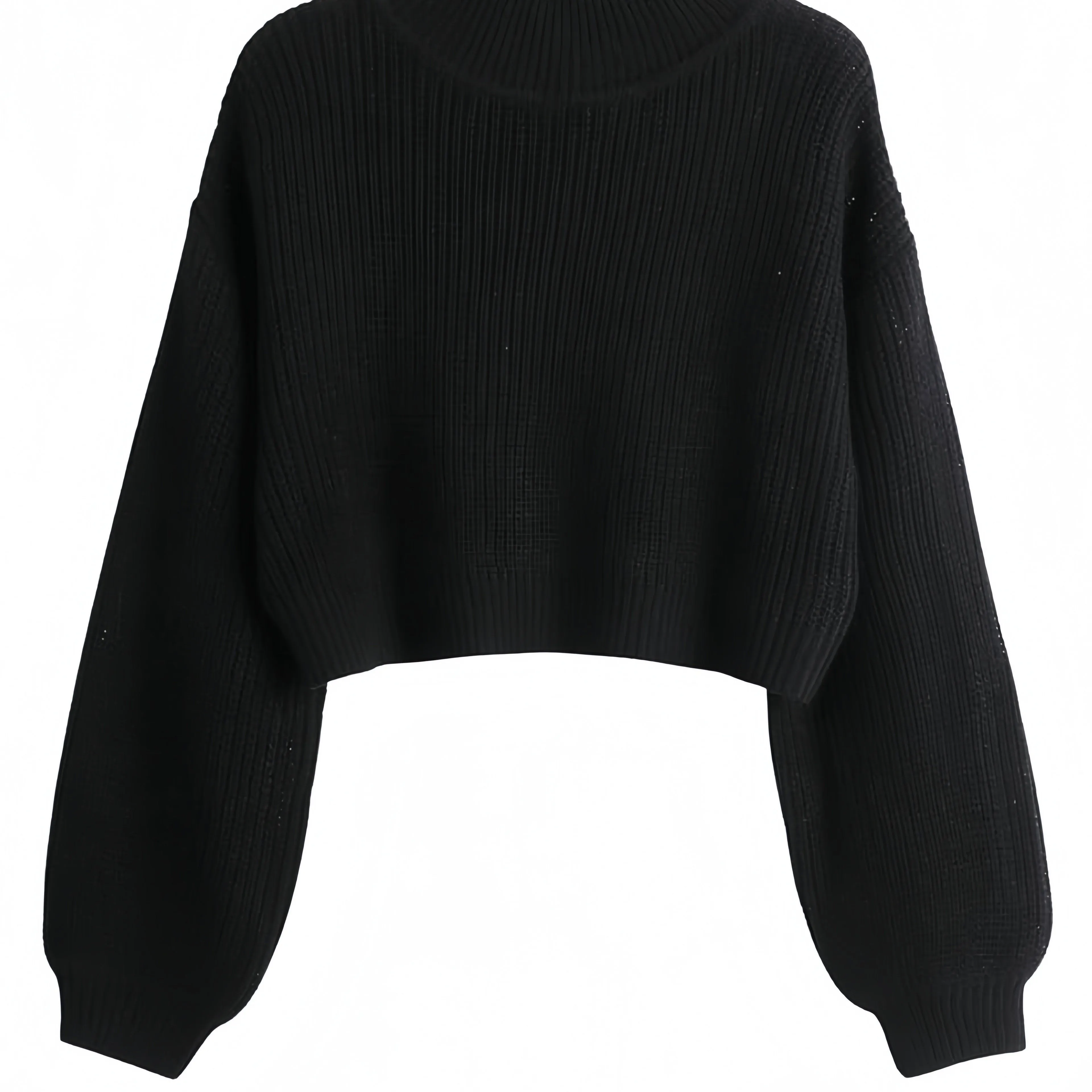 Cozy High Neck Solid Crew Neck Pullover Sweater - Soft Micro Elastic Acrylic Knit Fabric, Casual Long Sleeve Drop Shoulder Crop Design, Machine Washable, Perfect for Fall and Winter - Womens Clothing