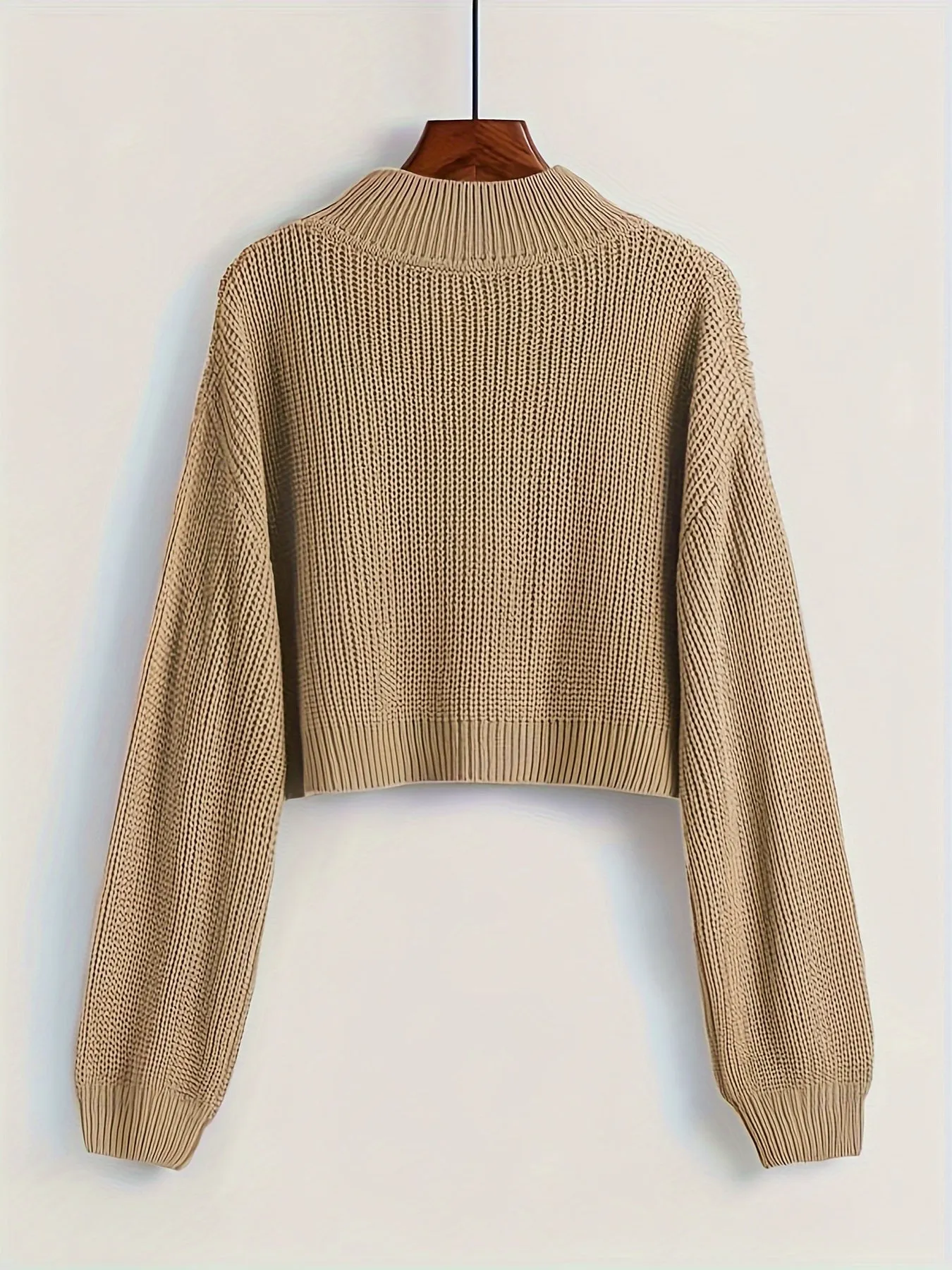 Cozy High Neck Solid Crew Neck Pullover Sweater - Soft Micro Elastic Acrylic Knit Fabric, Casual Long Sleeve Drop Shoulder Crop Design, Machine Washable, Perfect for Fall and Winter - Womens Clothing