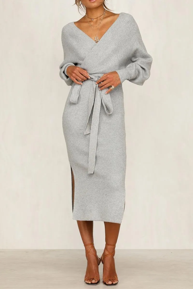 Dunnmall V Neck Backless Sweater Midi Dress(5 Colors)