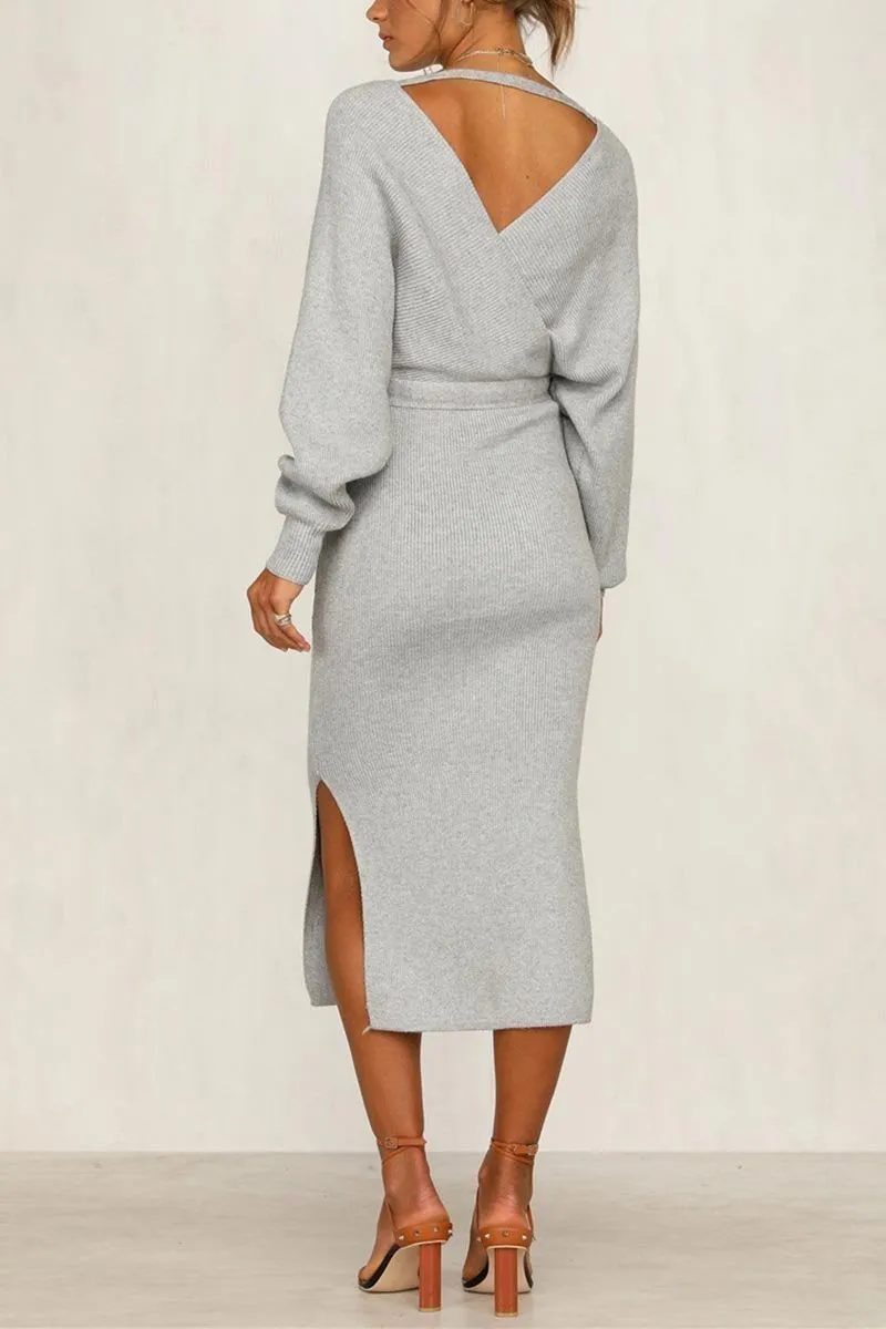 Dunnmall V Neck Backless Sweater Midi Dress(5 Colors)