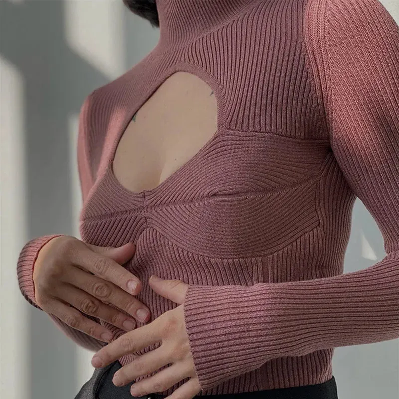 Fashion Sexy Solid Basic Autumn Pullover Knitted Turtleneck Sweater Female Casual Cut Out Elegant Jumpers Knitwears