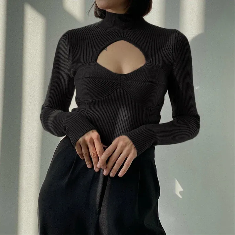 Fashion Sexy Solid Basic Autumn Pullover Knitted Turtleneck Sweater Female Casual Cut Out Elegant Jumpers Knitwears
