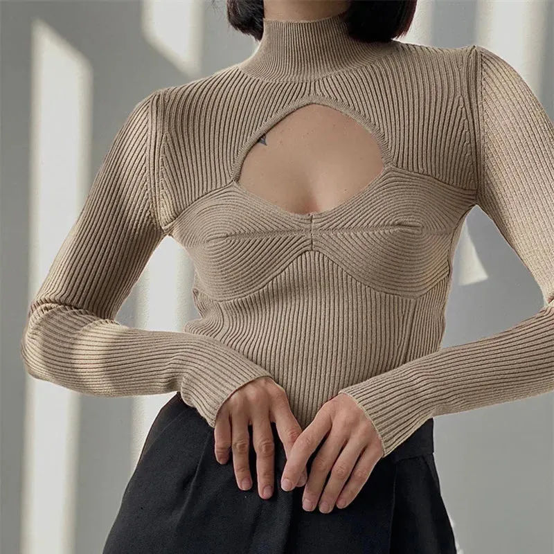 Fashion Sexy Solid Basic Autumn Pullover Knitted Turtleneck Sweater Female Casual Cut Out Elegant Jumpers Knitwears