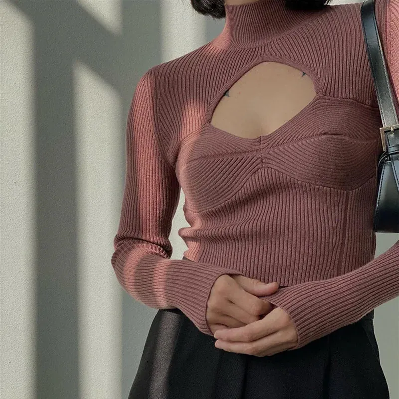 Fashion Sexy Solid Basic Autumn Pullover Knitted Turtleneck Sweater Female Casual Cut Out Elegant Jumpers Knitwears
