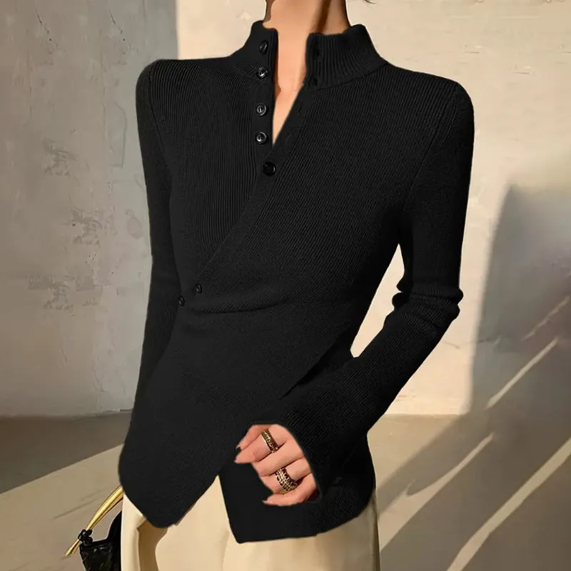 Fashionkova fashion outfits Irregular Hem Turtleneck Bottoming Shirt Women's Cross Long Sleeve Sweater Top