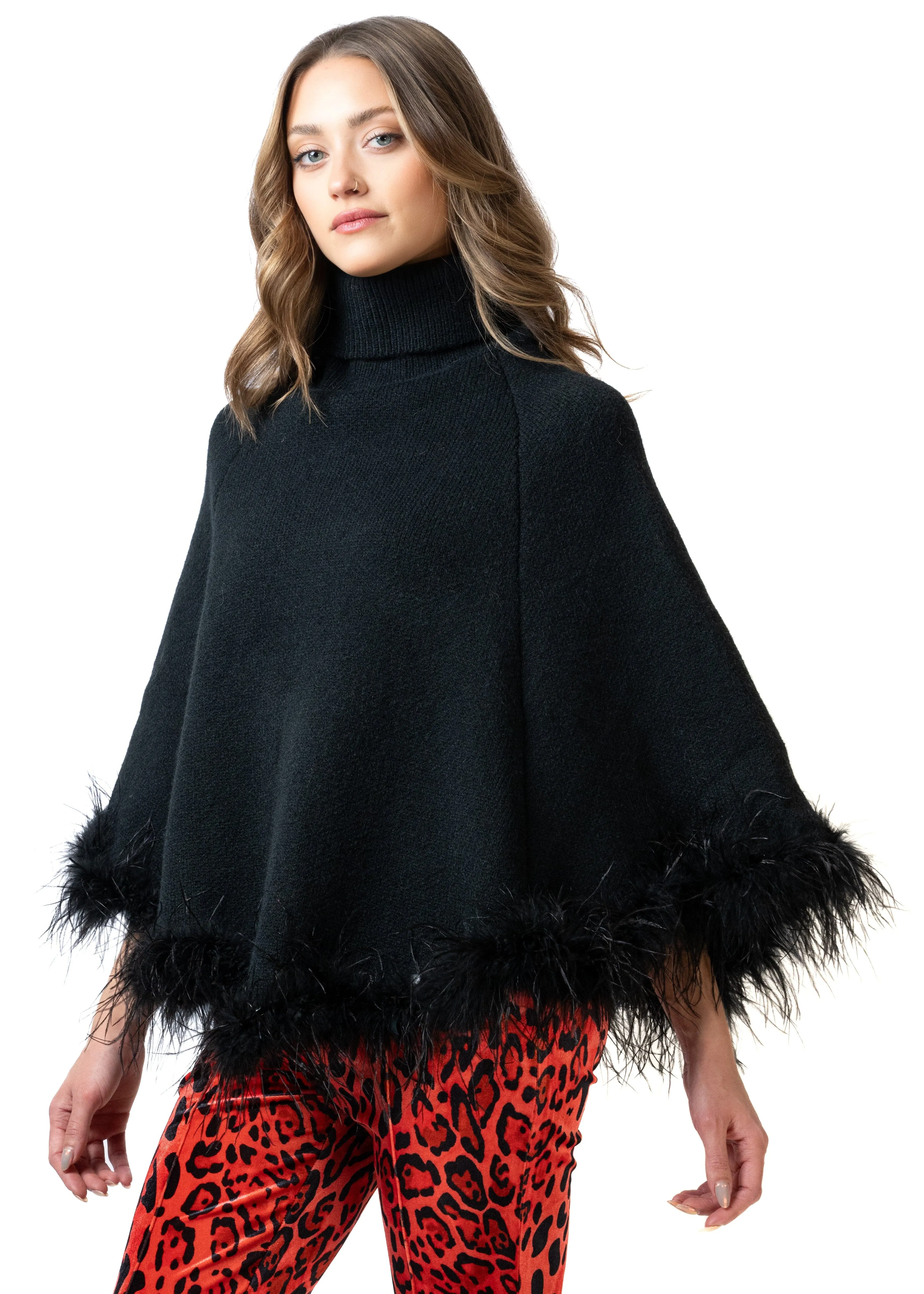 Feather Trim Poncho Sweater