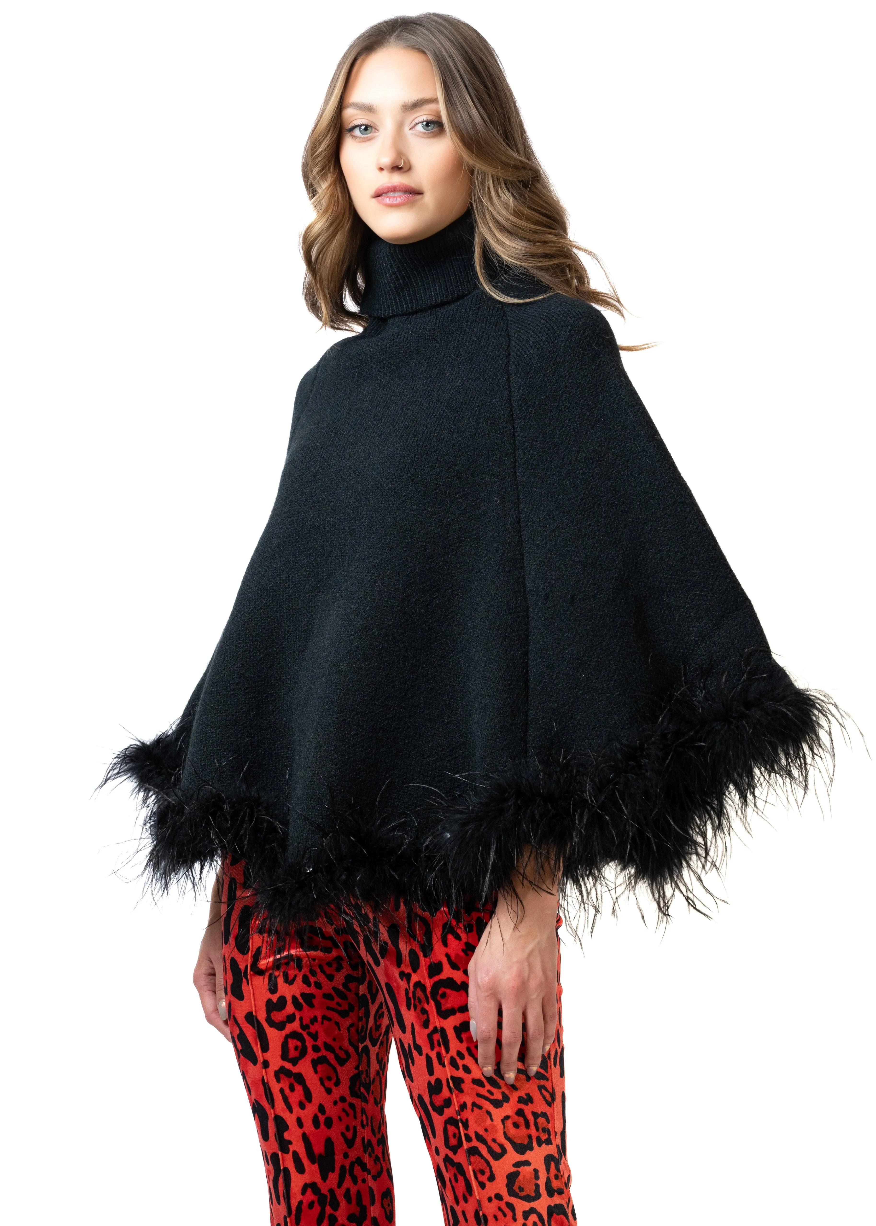Feather Trim Poncho Sweater