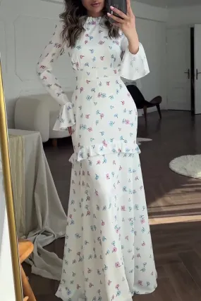 Flytonn- Elegant Flowers Print Patchwork Ruffle Half A Turtleneck Long Sleeve Dresses