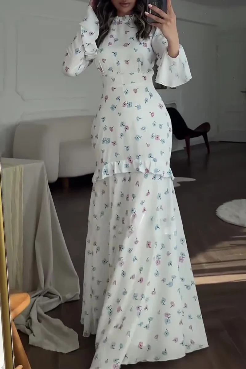 Flytonn- Elegant Flowers Print Patchwork Ruffle Half A Turtleneck Long Sleeve Dresses