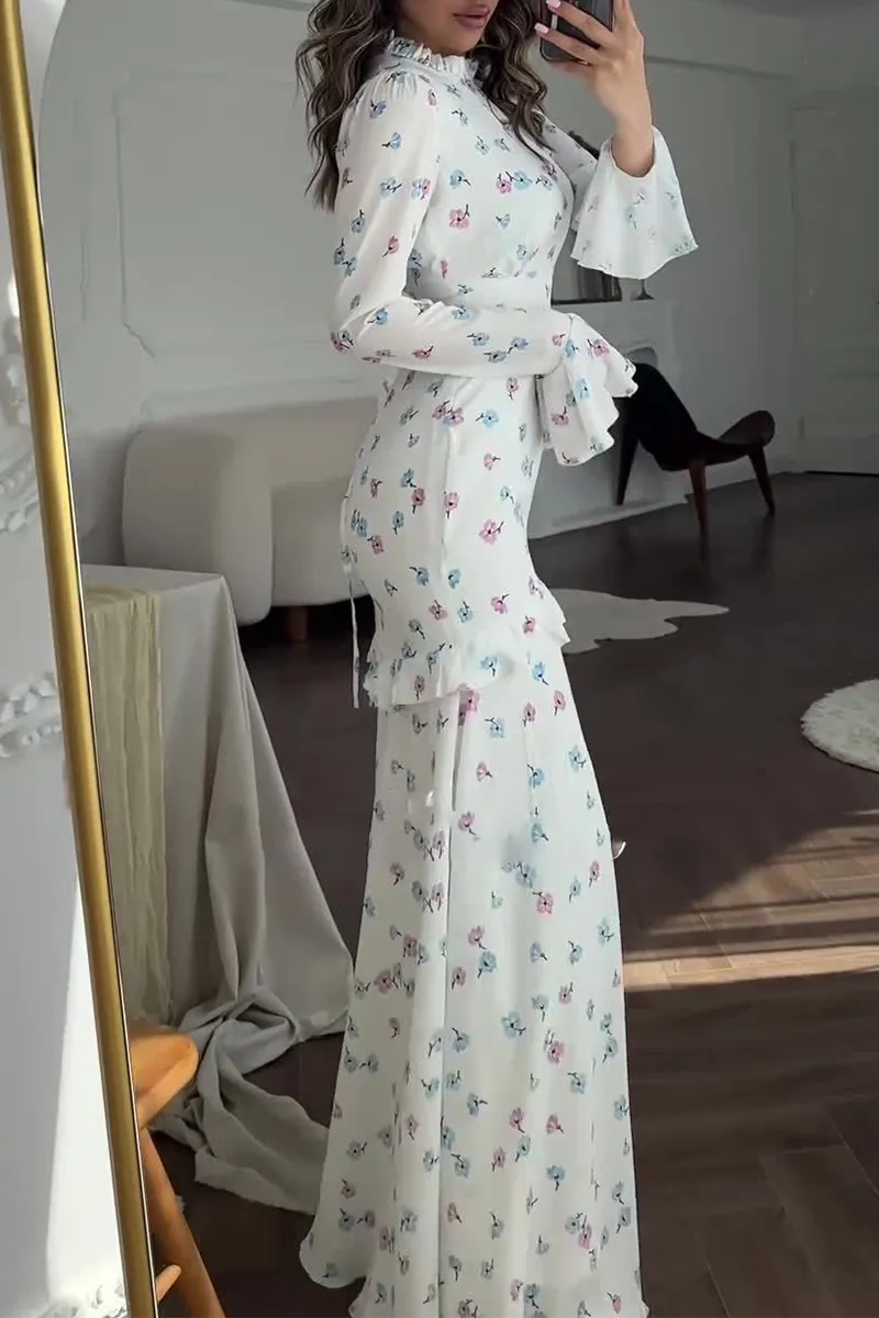 Flytonn- Elegant Flowers Print Patchwork Ruffle Half A Turtleneck Long Sleeve Dresses