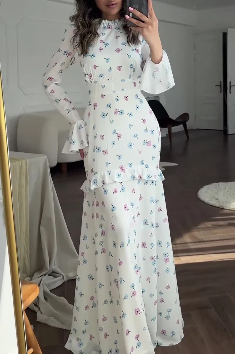 Flytonn- Elegant Flowers Print Patchwork Ruffle Half A Turtleneck Long Sleeve Dresses