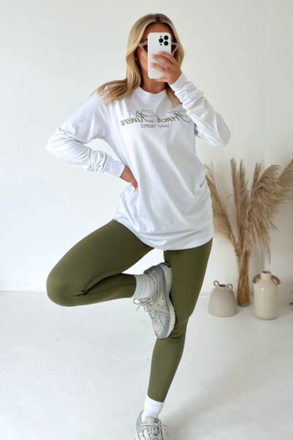 French Riviera khaki embroidered long sleeve t-shirt and leggings