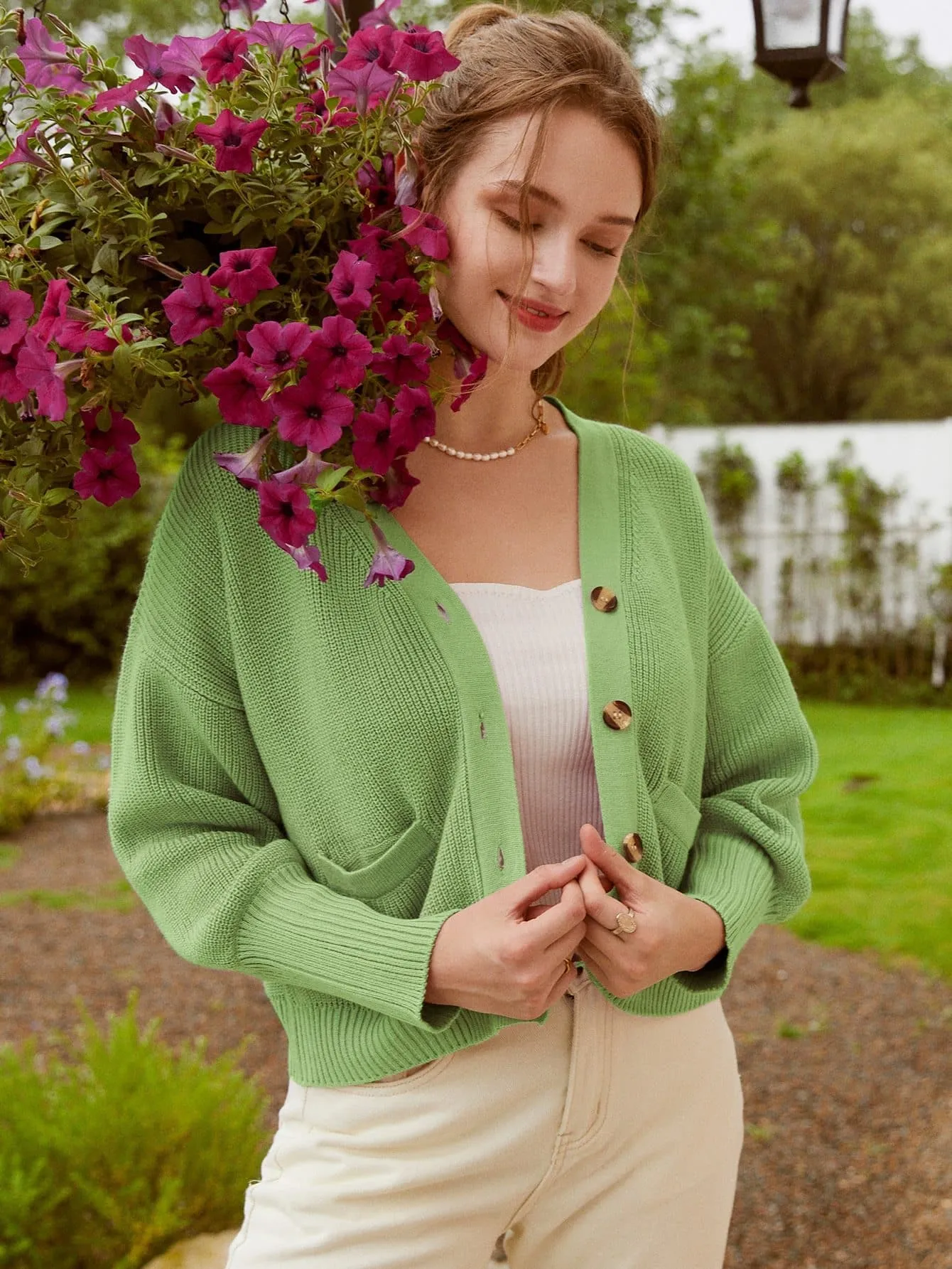 High Stretch Button Front Drop Shoulder Cardigan Sweater