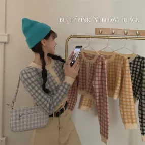 Japanese 2022 new plaid checkered retro vintage knitted cardigan kawaii crop top jacket various colors