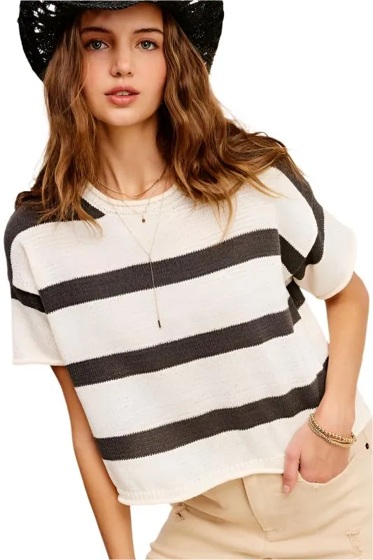 Lightweight Stripe Sweater Short Sleeve Top