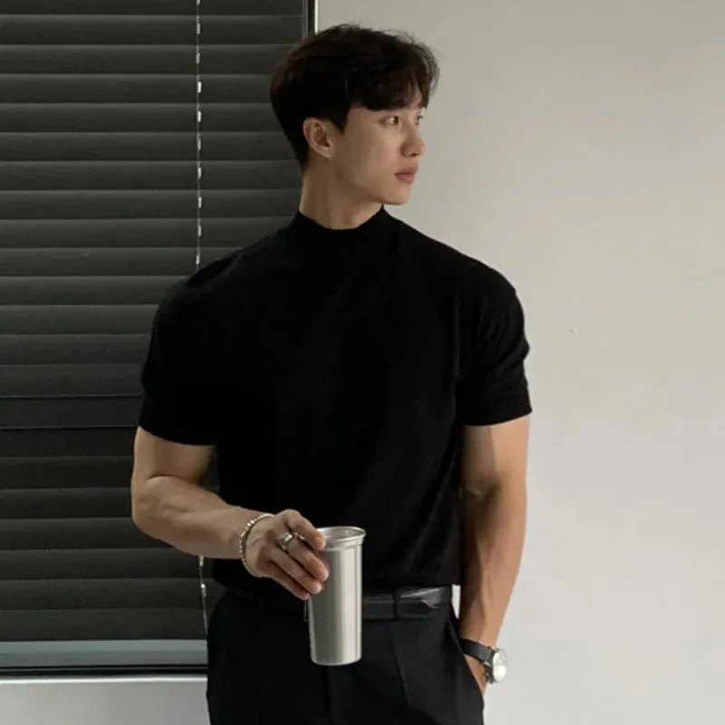 Minimalist New Men's T-shirts Business Casual Knitting Half Turtleneck Short Sleeve Solid Color Male Tees Summer 9C6350
