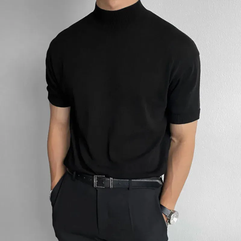 Minimalist New Men's T-shirts Business Casual Knitting Half Turtleneck Short Sleeve Solid Color Male Tees Summer 9C6350