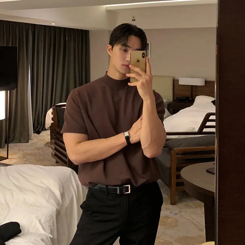 Minimalist New Men's T-shirts Business Casual Knitting Half Turtleneck Short Sleeve Solid Color Male Tees Summer 9C6350