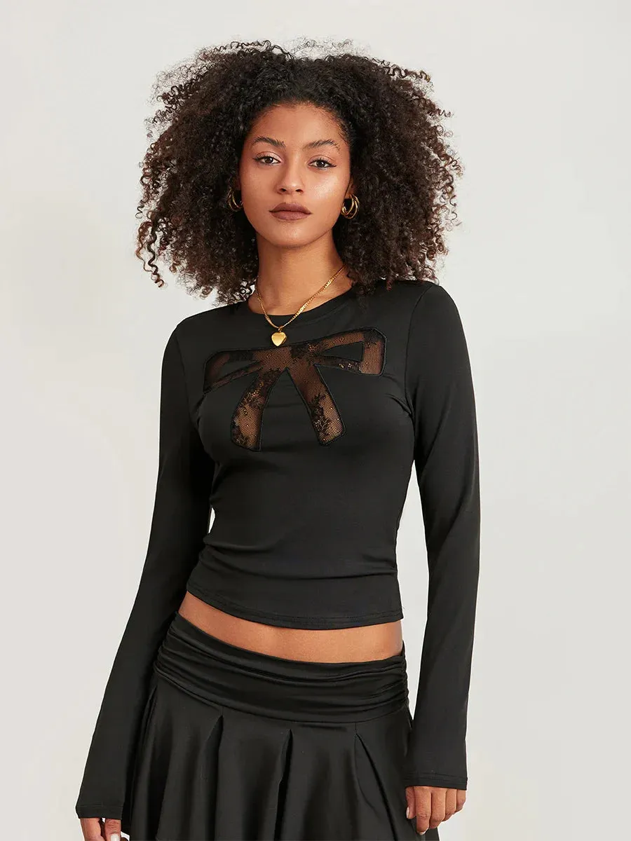 Out Lace Bow Y2K Long Sleeve Crewneck Slim Fit Cut T-shirt