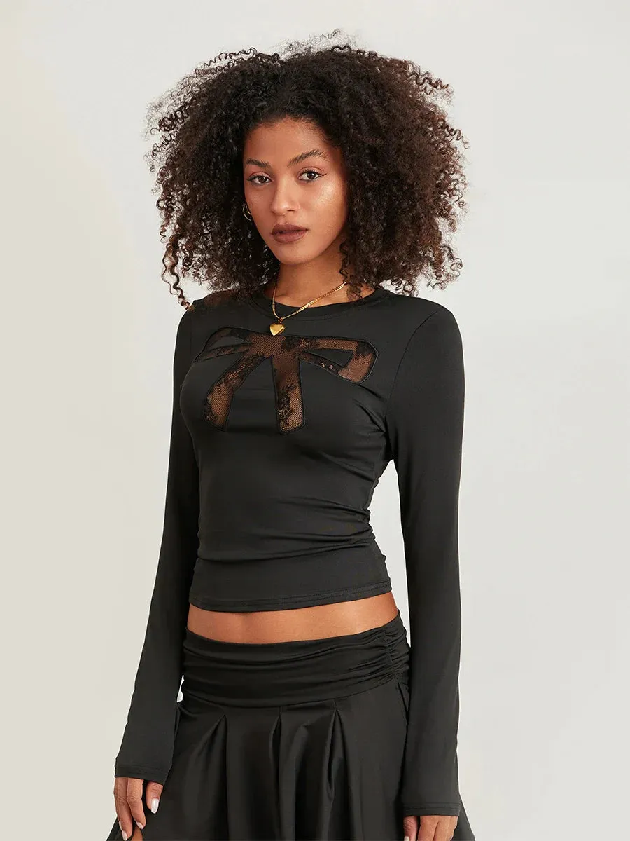 Out Lace Bow Y2K Long Sleeve Crewneck Slim Fit Cut T-shirt