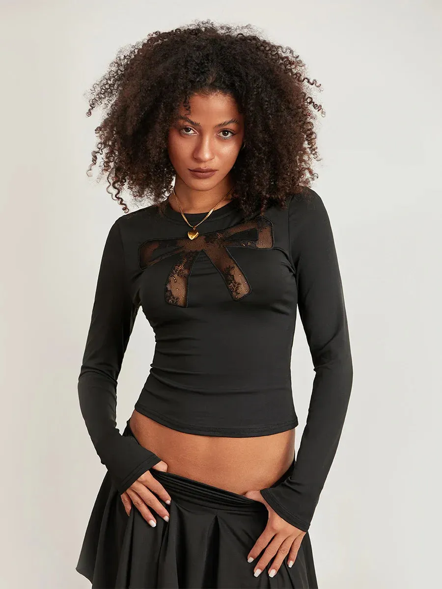 Out Lace Bow Y2K Long Sleeve Crewneck Slim Fit Cut T-shirt