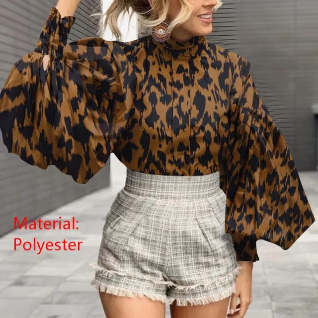Purpdrank - Fashion Women Big Lantern Sleeve Blouses Elegant Office Blusas Autumn Stand Collar Work Casual Solid Vintage Tops