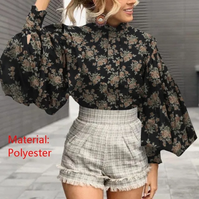 Purpdrank - Fashion Women Big Lantern Sleeve Blouses Elegant Office Blusas Autumn Stand Collar Work Casual Solid Vintage Tops