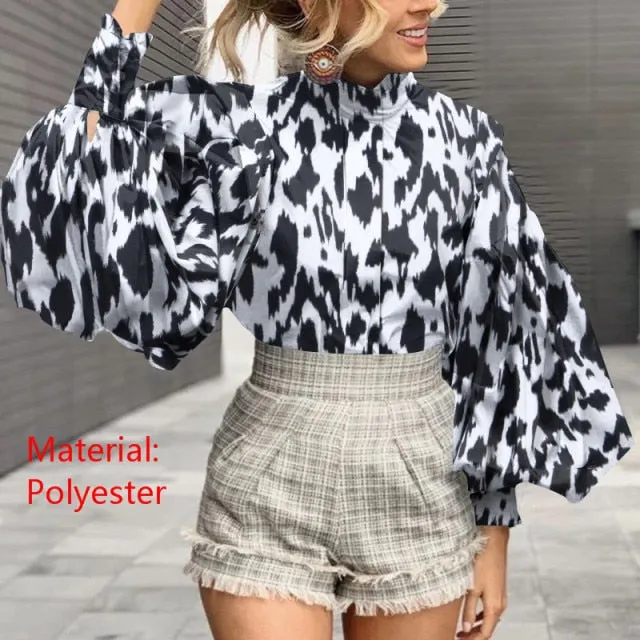 Purpdrank - Fashion Women Big Lantern Sleeve Blouses Elegant Office Blusas Autumn Stand Collar Work Casual Solid Vintage Tops